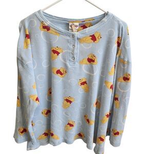 VTG-90/Y2K Disney Store Winnie the Pooh AOP Waffle Thermal Henley Tee-XL-Kidcore